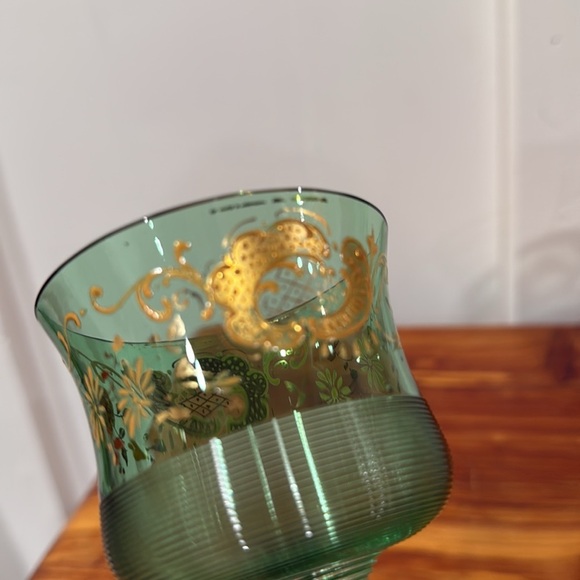 Vintage Bohemian Green Art Glass Gold Detailing Goblets Set of 3 - Picture 5 of 8